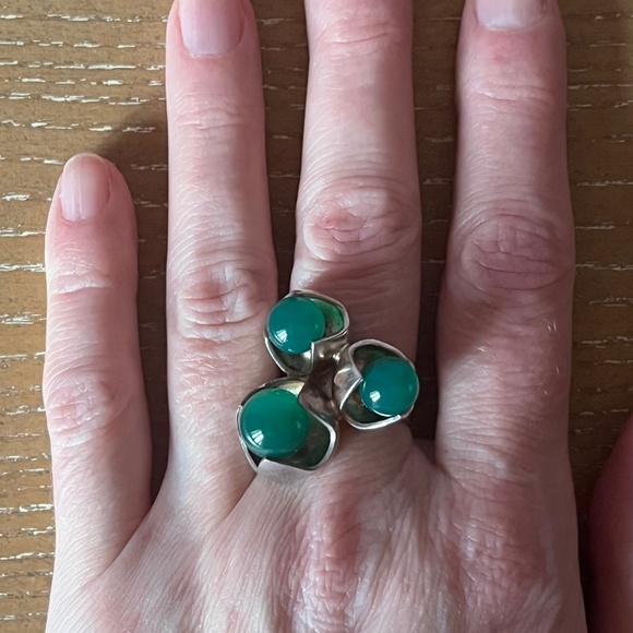 KULTASEPPÄ SALOVAARA Finland Modernist Sterling Silver Ring Chrysoprase Sz 7 MCM - Picture 6 of 13